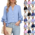 thumbnail image 1 of Womens Ruffle 3/4 Sleeve Dressy Blouse Casual Cotton Linen Button V Neck Shirts Summer Business Work Tops, 1 of 6