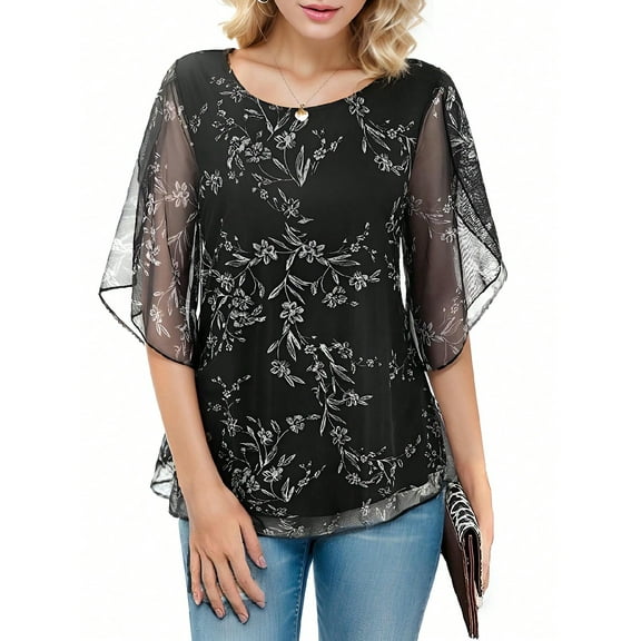 Womens Ruffle 3/4 Sleeve Mesh Blouses Loose Flowy Tops Stretchy Shirts