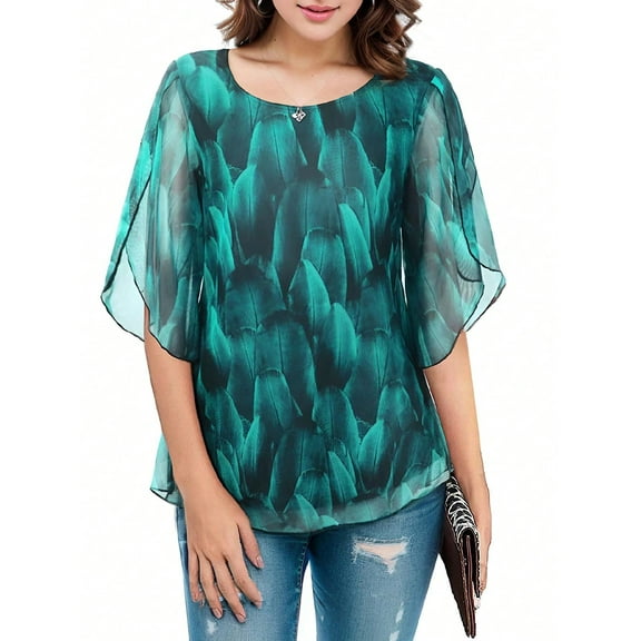 Womens Ruffle 3/4 Sleeve Mesh Blouses Loose Flowy Tops Stretchy Shirts