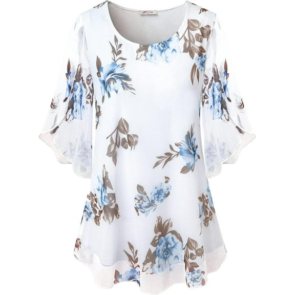 Womens Ruffle 3/4 Sleeve Mesh Blouses Loose Flowy Tops Stretchy Shirts