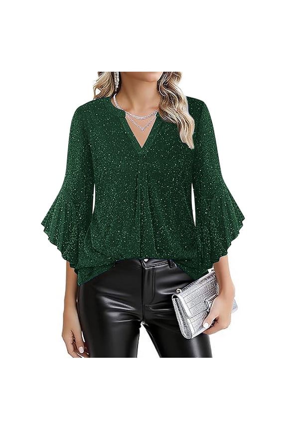 Womens Ruffle 3/4 Sleeve Sparkly Tops Sequin V Neck Blouses Dressy Elegant Fancy Glitter Shirts Green 2XL