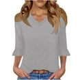 thumbnail image 1 of Womens Ruffle 3/4 Sleeve Tops V Neck Casual Cute Fall Spring Summer Tee Shirts Solid Color Loose Tshirts (2XL, Gray), 1 of 6