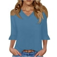 thumbnail image 1 of Womens Ruffle 3/4 Sleeve Tops V Neck Casual Cute Fall Spring Summer Tee Shirts Solid Color Loose Tshirts (L, Blue), 1 of 6