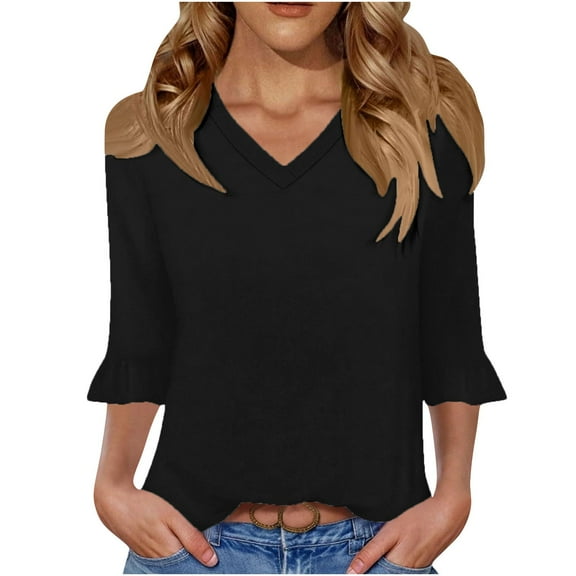 Womens Ruffle 3/4 Sleeve Tops V Neck Casual Cute Fall Spring Summer Tee Shirts Solid Color Loose Tshirts (M, Black)