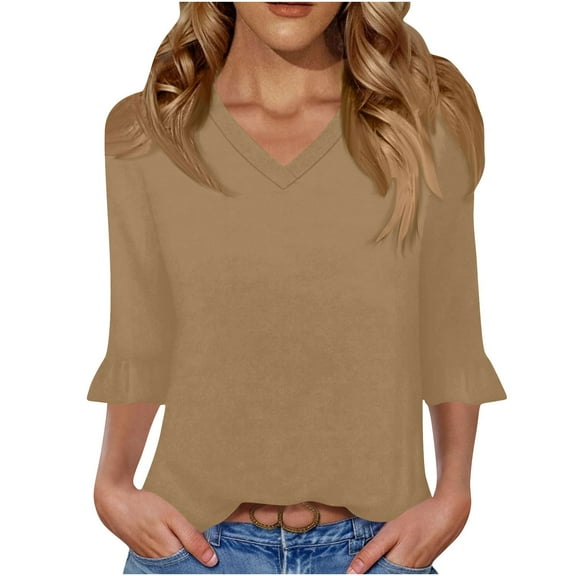 Womens Ruffle 3/4 Sleeve Tops V Neck Casual Cute Fall Spring Summer Tee Shirts Solid Color Loose Tshirts (S, Brown)