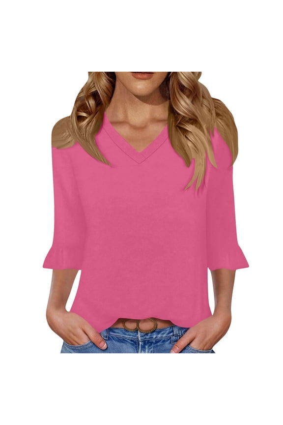 Womens Ruffle 3/4 Sleeve Tops V Neck Casual Cute Fall Spring Summer Tee Shirts Solid Color Loose Tshirts (S, Hot Pink)