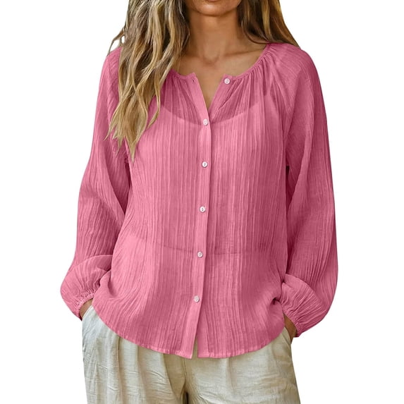 Womens Ruffle Blouses Women's Linen Button Shirt Raglan Long Sleeve Crew Neck Blouses Loose Upf Sun Protection Outdoor Athletic Tops L