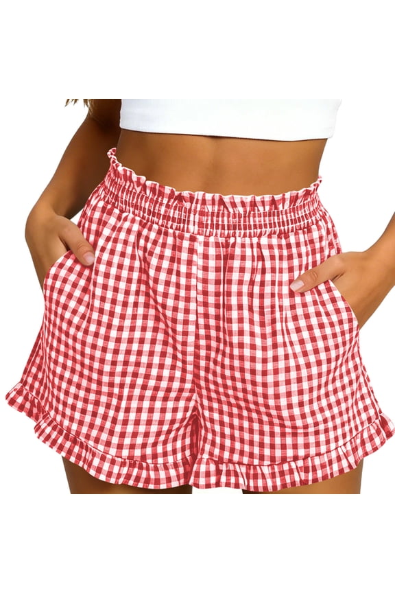 Women's Gingham Ruffle Boxer Shorts Casual Summer Lounge Sleep Pajama Shorts with Pockets Red