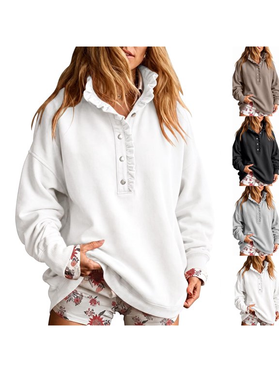 Womens Ruffle Button Henley Sweatshirt, Oversized Mock Neck Long Sleeve Soft Casual Lounge Pullover Top for Fall Winter Daily Wear,XL,White