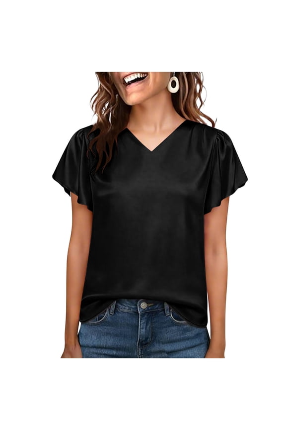 Womens Ruffle Cap Sleeve V Neck Pleated Satin Blouses Summer T Shirt Casual Ladies V Neck Smocked Silk Tops Dressy