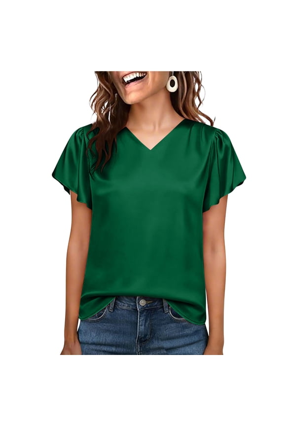 Womens Ruffle Cap Sleeve V Neck Pleated Satin Blouses Summer T Shirt Casual Ladies V Neck Smocked Silk Tops Dressy
