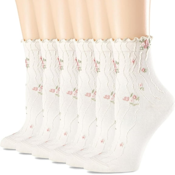 Womens Ruffle Crew Socks Vintage Patterned Ankle Casual Fashion Dress Sock Cute Lettuce Floral Socks 6 Pack