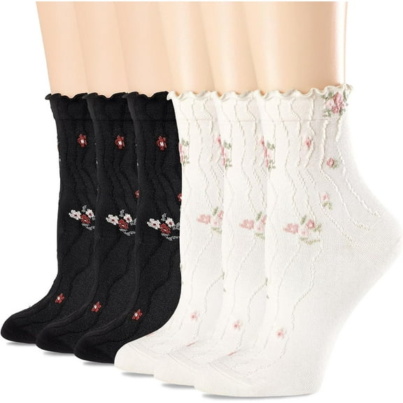 Womens Ruffle Crew Socks Vintage Patterned Ankle Casual Fashion Dress Sock Cute Lettuce Floral Socks 6 Pack