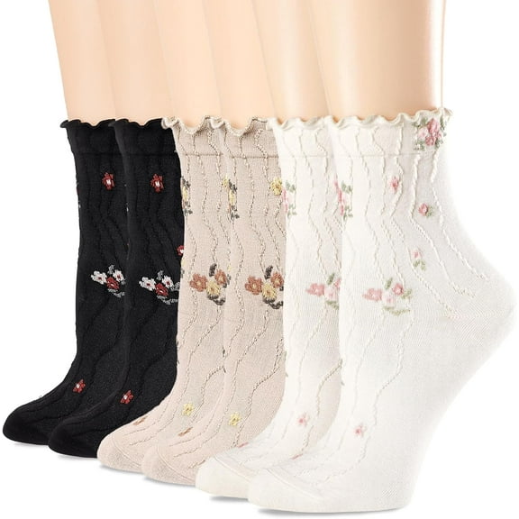 Womens Ruffle Crew Socks Vintage Patterned Ankle Casual Fashion Dress Sock Cute Lettuce Floral Socks 6 Pack