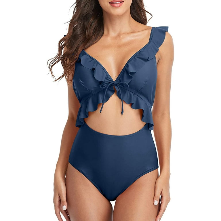 Womens Ruffle Cut Out One Piece Swimsuits Strappy Monokinis Swimwear  Bathing Suits 