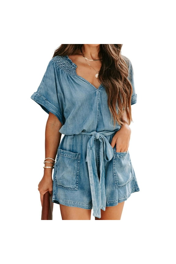 Womens Ruffle Denim Romper Summer Short Sleeve V Neck Belted Washed Jean Overall Shorts Romper with Pockets