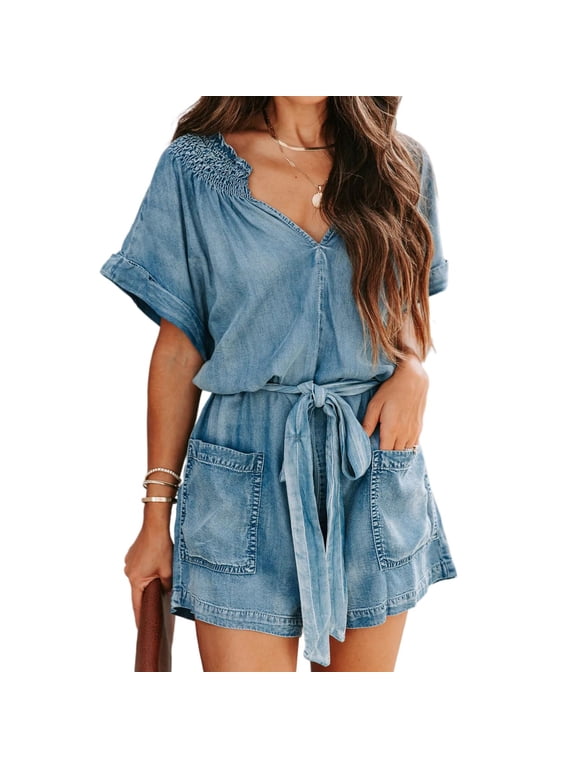 Womens Ruffle Denim Romper Summer Short Sleeve V Neck Belted Washed Jean Overall Shorts Romper with Pockets