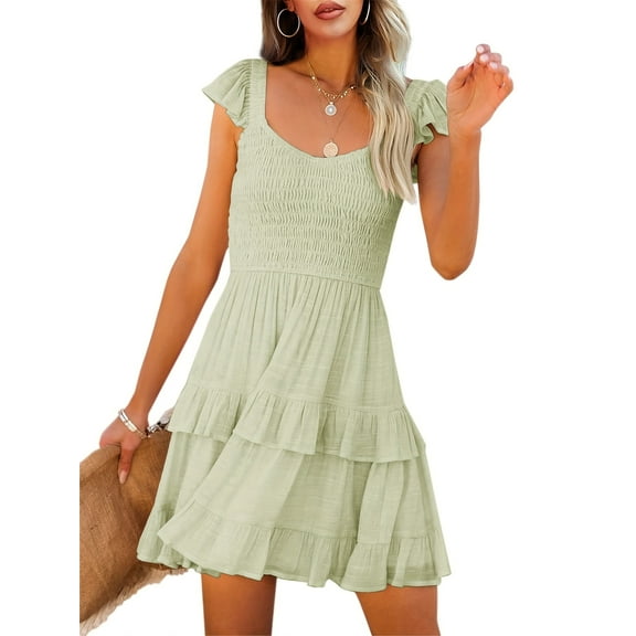 Womens Ruffle Dresses Elastic Empire Waist A-line Layered Swing Flowy Mini Dress