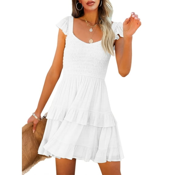 Womens Ruffle Dresses Elastic Empire Waist A-line Layered Swing Flowy Mini Dress