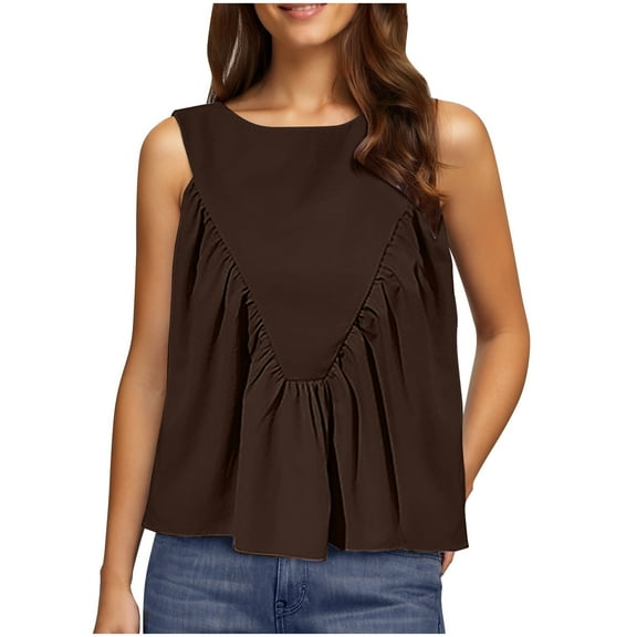 Womens Ruffle Dressy Blouses, Sleeveless Shirts for Women Summer Lightweight Casual Loose Fit Solid Color Crewneck Tank Tops