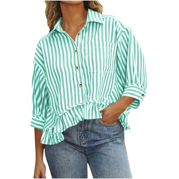 Womens Ruffle Fall Clothes, 3/4 Sleeve Shirts for Women Casual Loose Fit Striped Printed Lapel Button Down Dressy Blouses with Pockets
