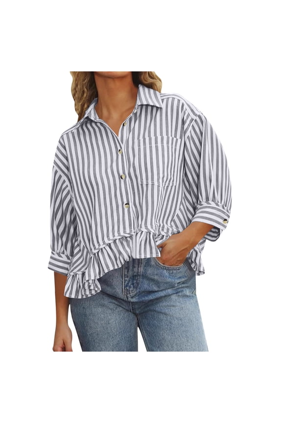 Womens Ruffle Fall Clothes, 3/4 Sleeve Shirts for Women Casual Loose Fit Striped Printed Lapel Button Down Dressy Blouses with Pockets