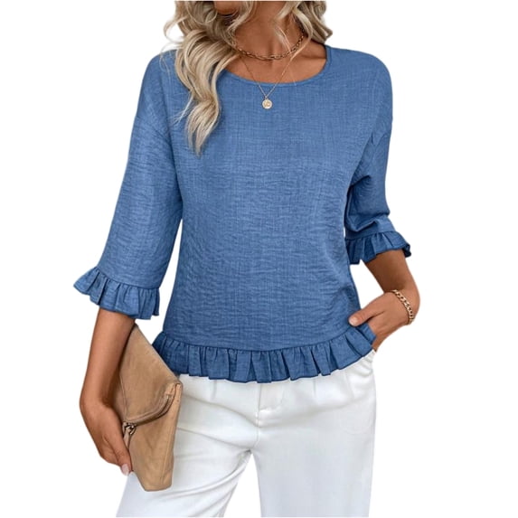 Womens Ruffle Flowy Crew Neck Dressy Casual Blouses 3/4 Sleeve Tops Summer T shirts 2026 Trendy Cute Work Clothes S