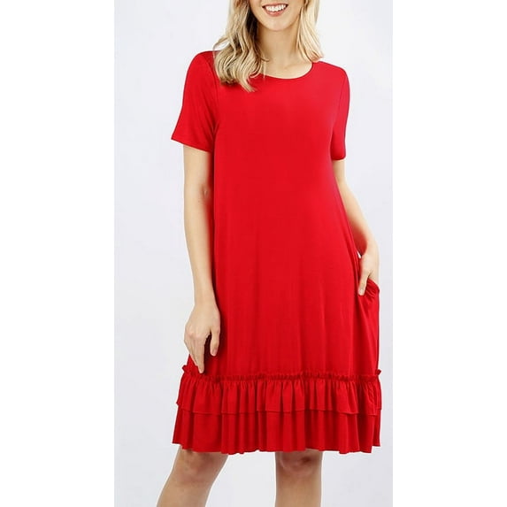 Womens Ruffle Hem Dress Viscose Side Pockets Short Sleeve Swing Midi Tunic