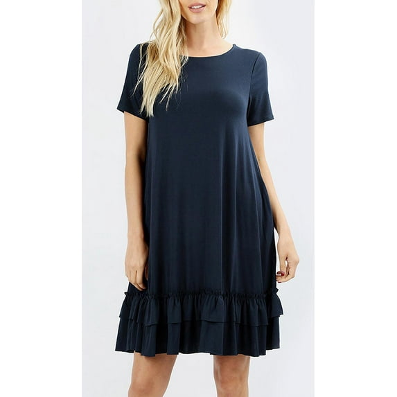 Womens Ruffle Hem Dress Viscose Side Pockets Short Sleeve Swing Midi Tunic