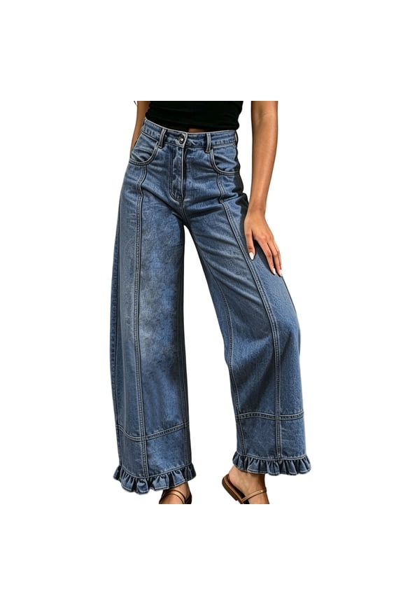 Womens Ruffle Hem Wide Leg Jeans Elastic High Waisted Denim Pants with Pockets Solid Color Patchwork Pleated Long Denim Pants