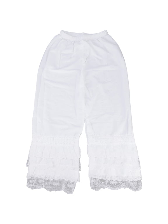 Womens Ruffle Lace Trim Long Bloomers Elastic Waist Cotton Wide Leg Pants Loose Fit Pettipants Slip Culotte Sleepwear