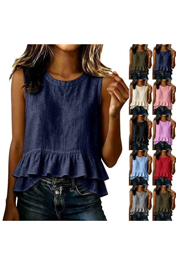 Womens Ruffle Linen Tank Tops Round Neck Sleeveless Top Spring Summer Beach Cute Loose Fit Shirt 14 Navy M