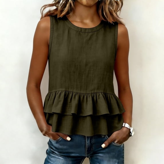 Womens Ruffle Linen Tank Tops Spring Summer Beach Cute Sleeveless Shirts Vest Top, Loose Fit Vacation Resort Casual Shirt(Dark Green,XL)