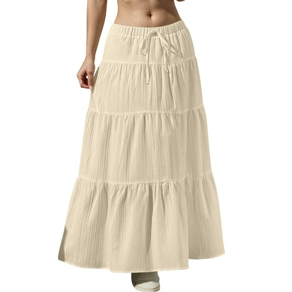 Womens Ruffle Maxi Skirts: Elastic Pleated Long Skirt-Summer Casual Boho Flowy Skirts with Drawstring Beige M