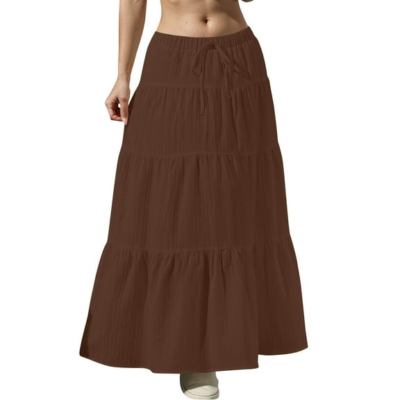 Womens Ruffle Maxi Skirts: Elastic Pleated Long Skirt-Summer Casual Boho Flowy Skirts with Drawstring Light Brown L