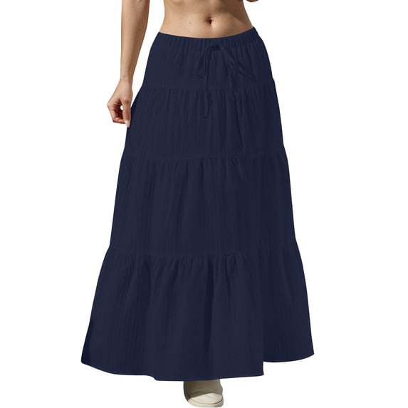 Womens Ruffle Maxi Skirts: Elastic Pleated Long Skirt-Summer Casual Boho Flowy Skirts with Drawstring Navy S