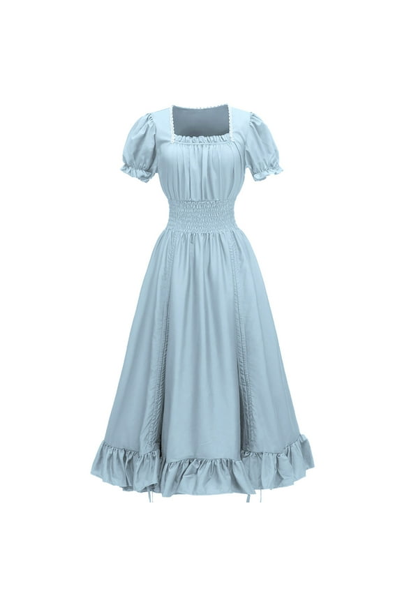 Womens Ruffle Medieval Victorian Dress Puff Sleeve Square Neck Smocked High Low Hem Dress Peasant Costumes