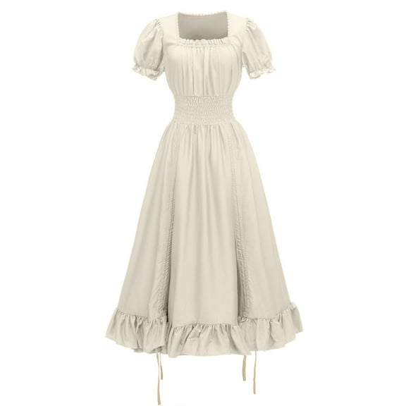 Womens Ruffle Medieval Victorian Dress Puff Sleeve Square Neck Smocked High Low Hem Dress Peasant Costumes