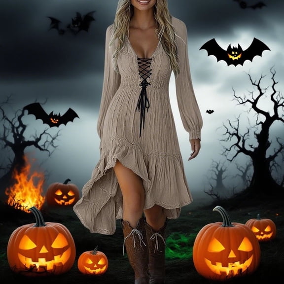 Womens Ruffle Midi Dresses Vintage Gothic Lace up Casual Long Sleeve Flowy Halloween Western Trendy Outfits Khaki XL