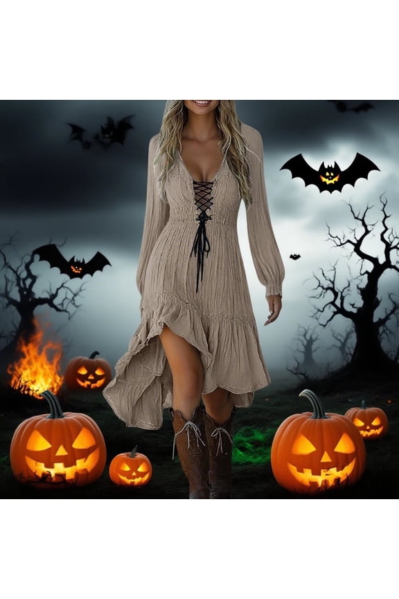 Womens Ruffle Midi Dresses Vintage Gothic Lace up Casual Long Sleeve Flowy Halloween Western Trendy Outfits Khaki XL