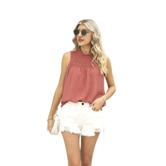 Womens Ruffle Neck Tank Tops Shirred Frill Dot Sleeveless Blouse Shirts Pink M