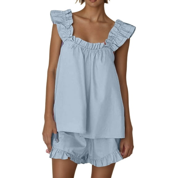 Womens Ruffle Pajama Set Cute Tank Top And Shorts Set Bride Pjs For Wedding Loungewear Outfit Light Blue L