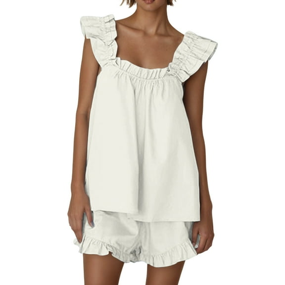 Womens Ruffle Pajama Set Cute Tank Top And Shorts Set Bride Pjs For Wedding Loungewear Outfit White L