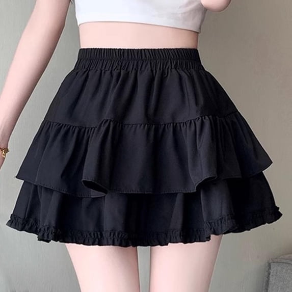 Womens Ruffle Pleated Mini Skirt Cute Layered Cake Skirts Built in Shorts Casual High Waisted A-Line Skorts for Teen Girls Black S