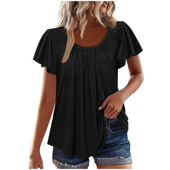 Womens Ruffle Pleated Summer Tops, Short Sleeve Shirts for Women Casual Loose Fit Solid Color Crewneck T-Shirts