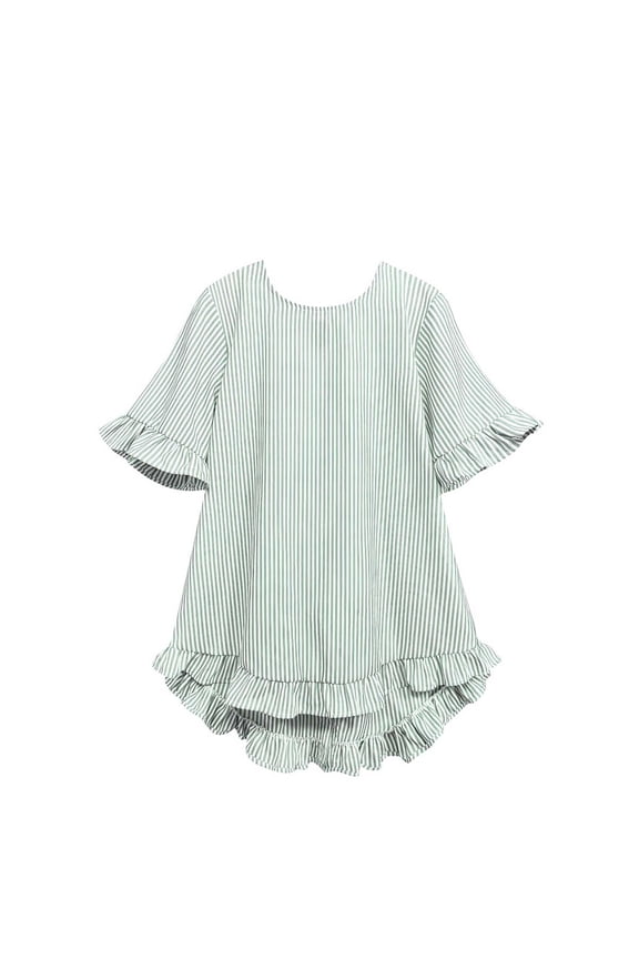 Womens Ruffle Short Sleeve Blouse Crew Neck Striped Back Button Down Shirts Summer Dressy Casual Loose Fit Tops