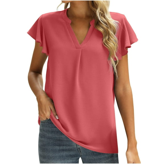 Womens Ruffle Short Sleeve Blouse Shirts V Neck Solid Comfy Loose fitted Tunic Tops Lightweight Shirts for Casual Work Womens Clothes