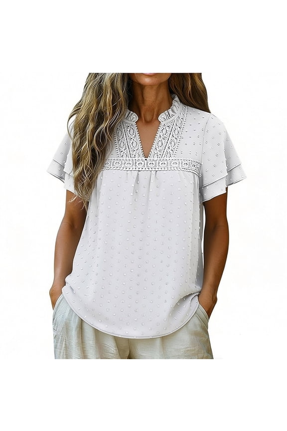 Womens Ruffle Short Sleeve Dot Blouses V Neck Crochet Lace Dressy Casual Flowy Shirts, Loose Fit Summer Lightweight Work Office Tops 2026 Trendy Teachers Clothes