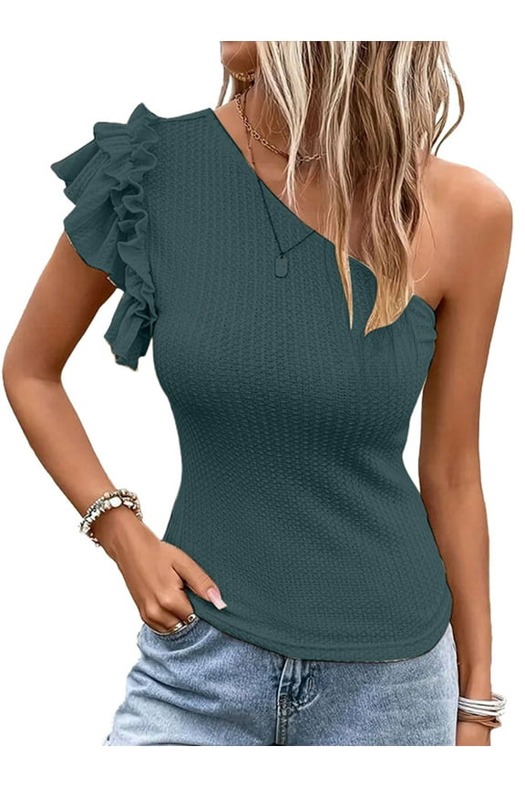 Womens Ruffle Short Sleeve Off-Shoulder Shirts Slim Fit High Neck Knit Ribbed Tops Navy Blue L