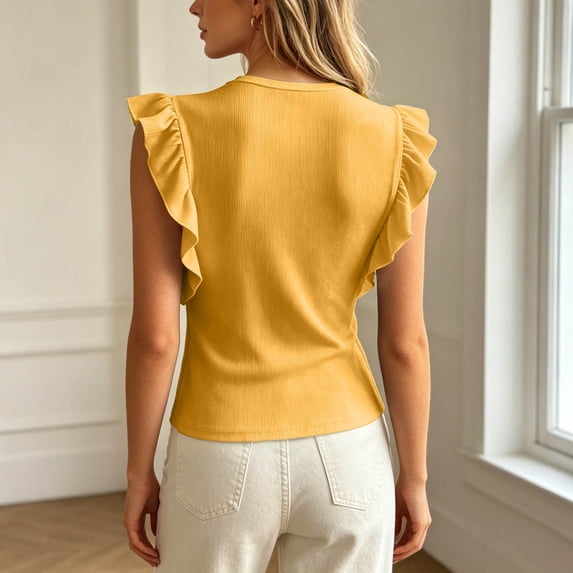 Womens Ruffle Short Sleeve Shirts Slim Fit High Neck Knit Ribbed Tops Casual Trendy T Shirts Blouses(Yellow,L)